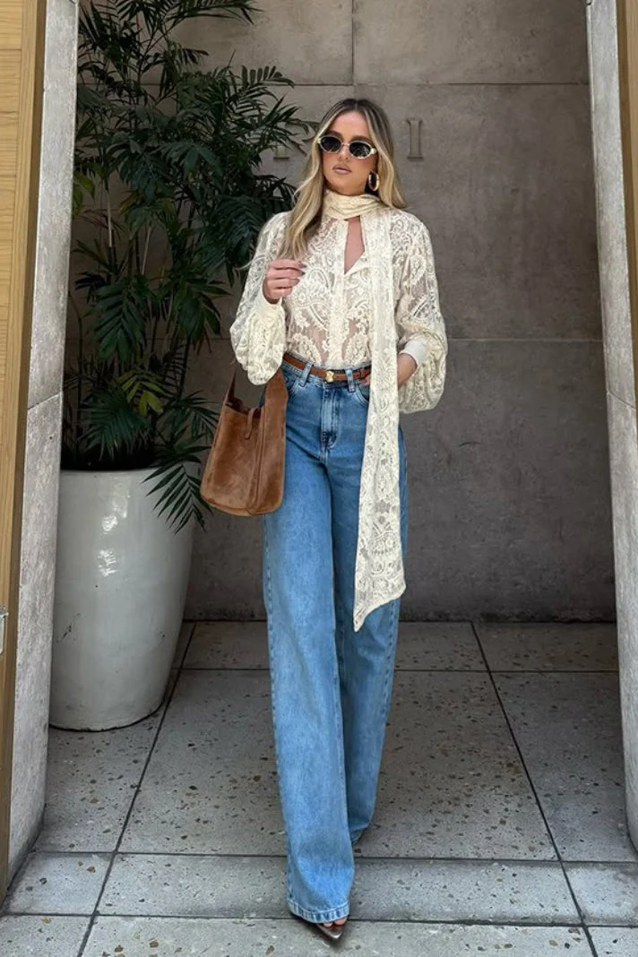 Elegant Tie Sheer Lace Long Sleeve Blouse - Image 5