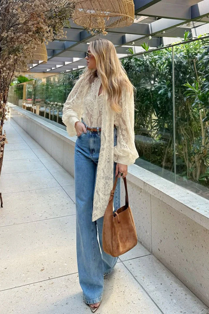 Elegant Tie Sheer Lace Long Sleeve Blouse - Image 6