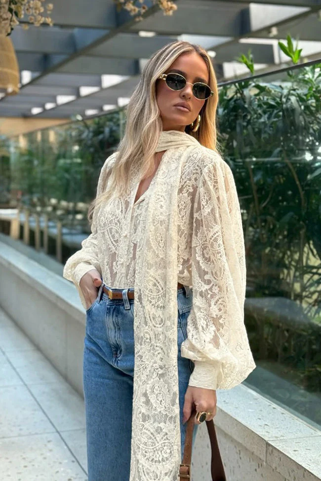 Elegant Tie Sheer Lace Long Sleeve Blouse - Image 7