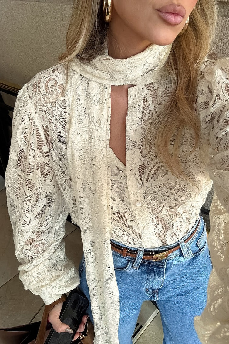 Elegant Tie Sheer Lace Long Sleeve Blouse - Image 8