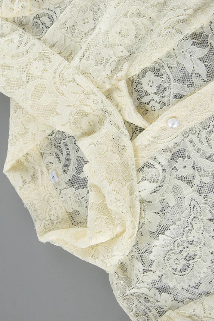 Elegant Tie Sheer Lace Long Sleeve Blouse - Image 9