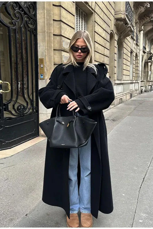 Elegant Turn-Down Collar Double-Breasted Long Overcoat - Image 2