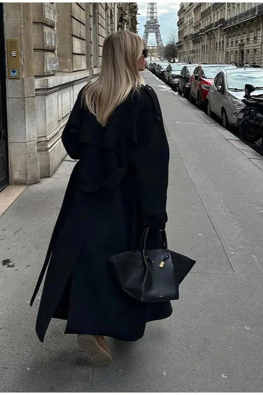 Elegant Turn-Down Collar Double-Breasted Long Overcoat - Image 4