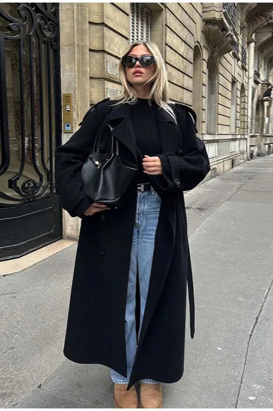 Elegant Turn-Down Collar Double-Breasted Long Overcoat - Image 5