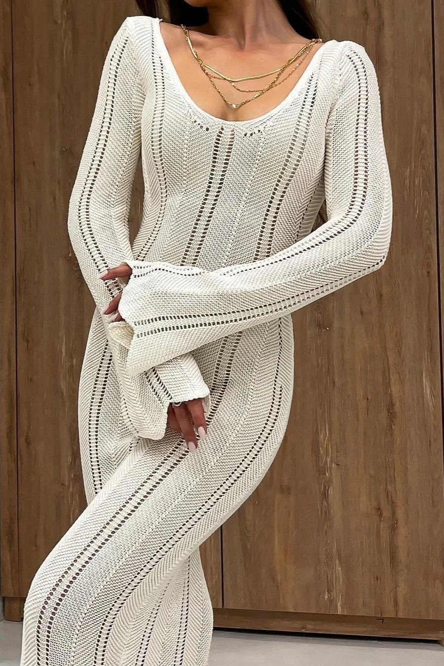 Elegant U Neck Knit Flare Sleeve Sheer Cutout Bodycon Maxi Dress - Image 3