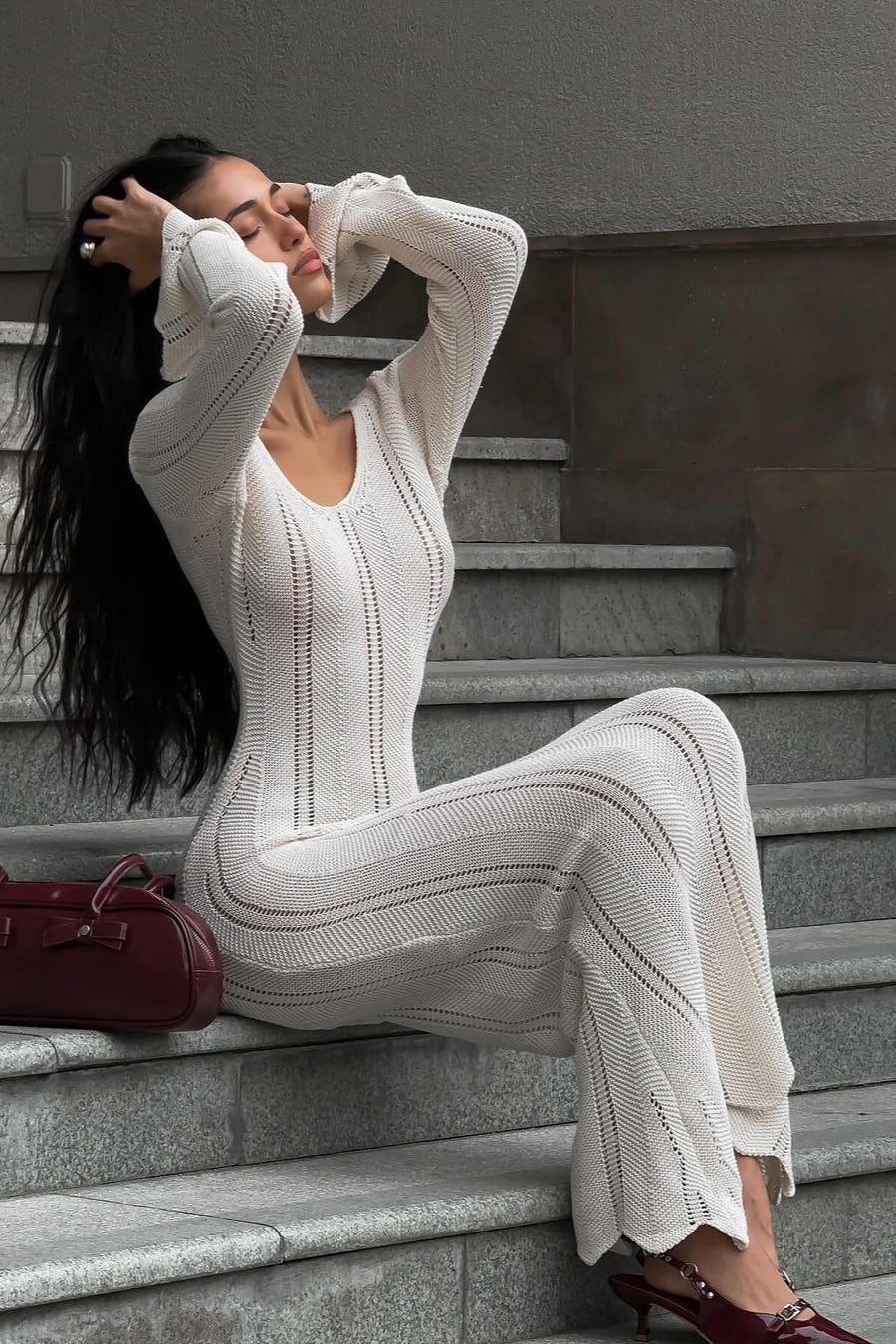 Elegant U Neck Knit Flare Sleeve Sheer Cutout Bodycon Maxi Dress - Image 4