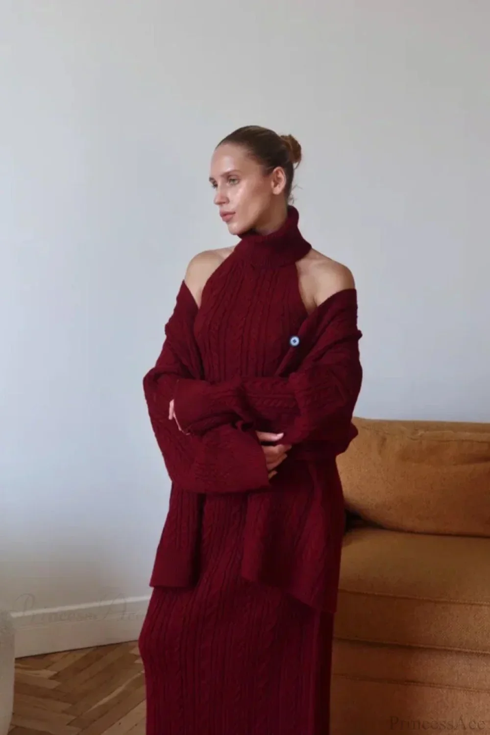 Elegant V-Neck Cable Knit Top Tank Pants Three Piece Set - Image 10