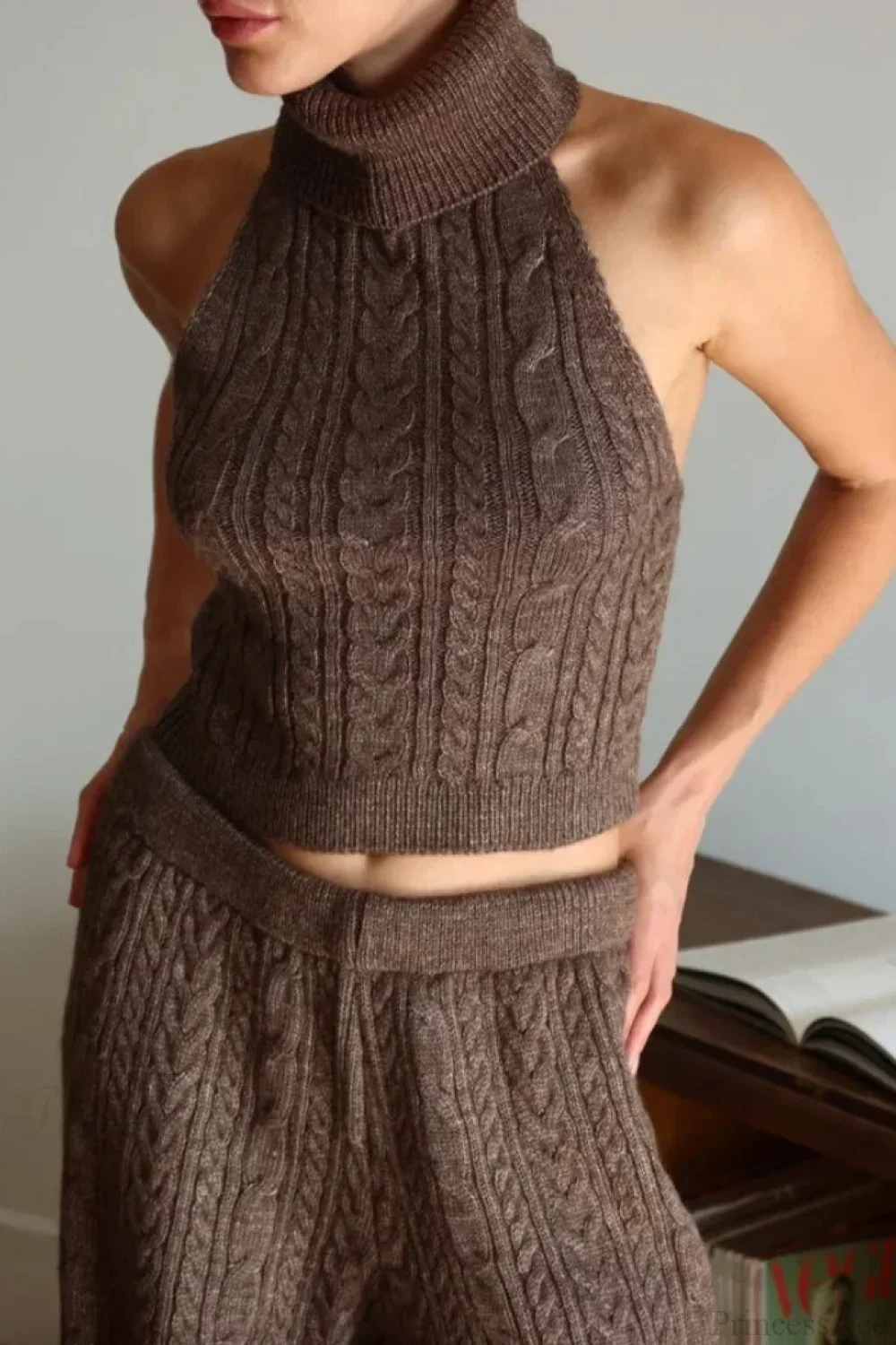 Elegant V-Neck Cable Knit Top Tank Pants Three Piece Set - Image 3