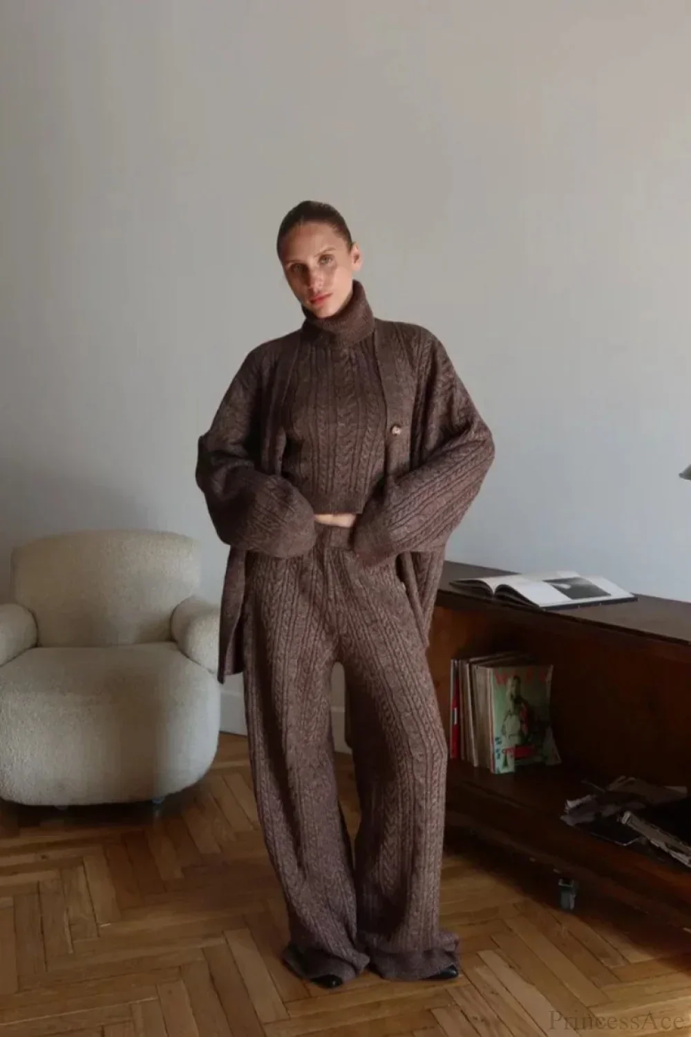 Elegant V-Neck Cable Knit Top Tank Pants Three Piece Set - Image 4