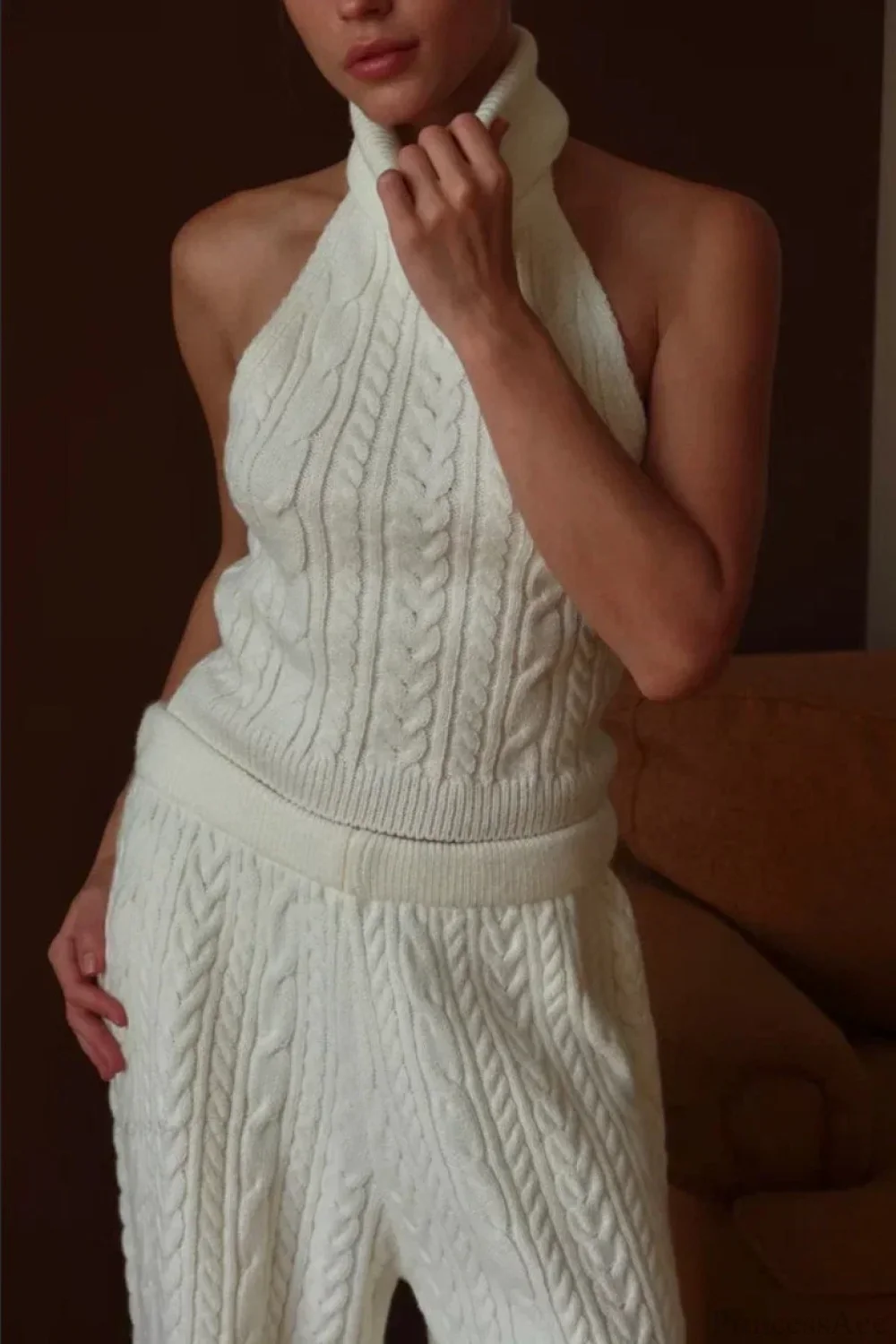 Elegant V-Neck Cable Knit Top Tank Pants Three Piece Set - Image 7