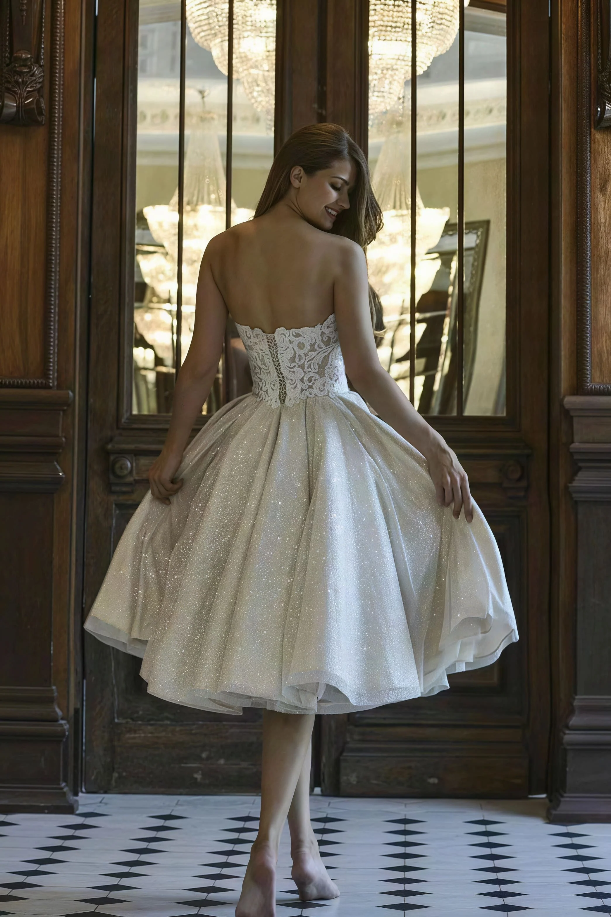 Elegant V Neck Off Shoulder Glitter Lace Tie Back Reception Dress - Image 2