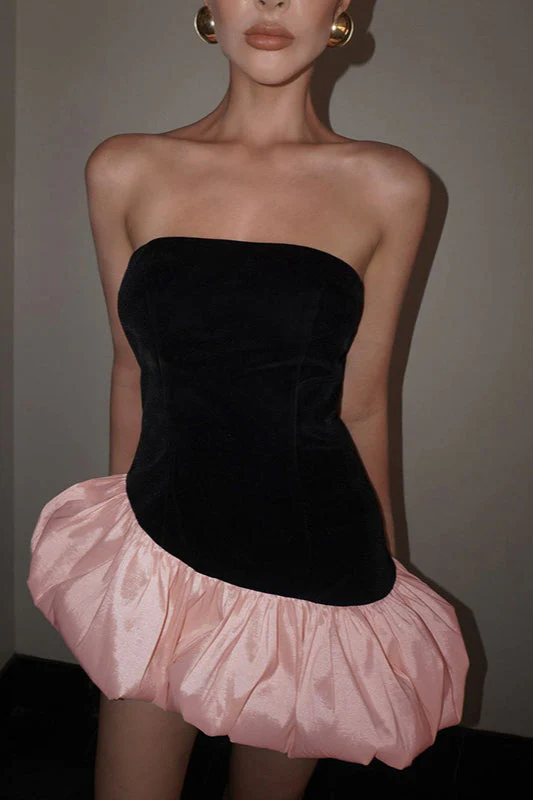Elegant Velvet Paneled Strapless Puff Mini Dress - Image 4