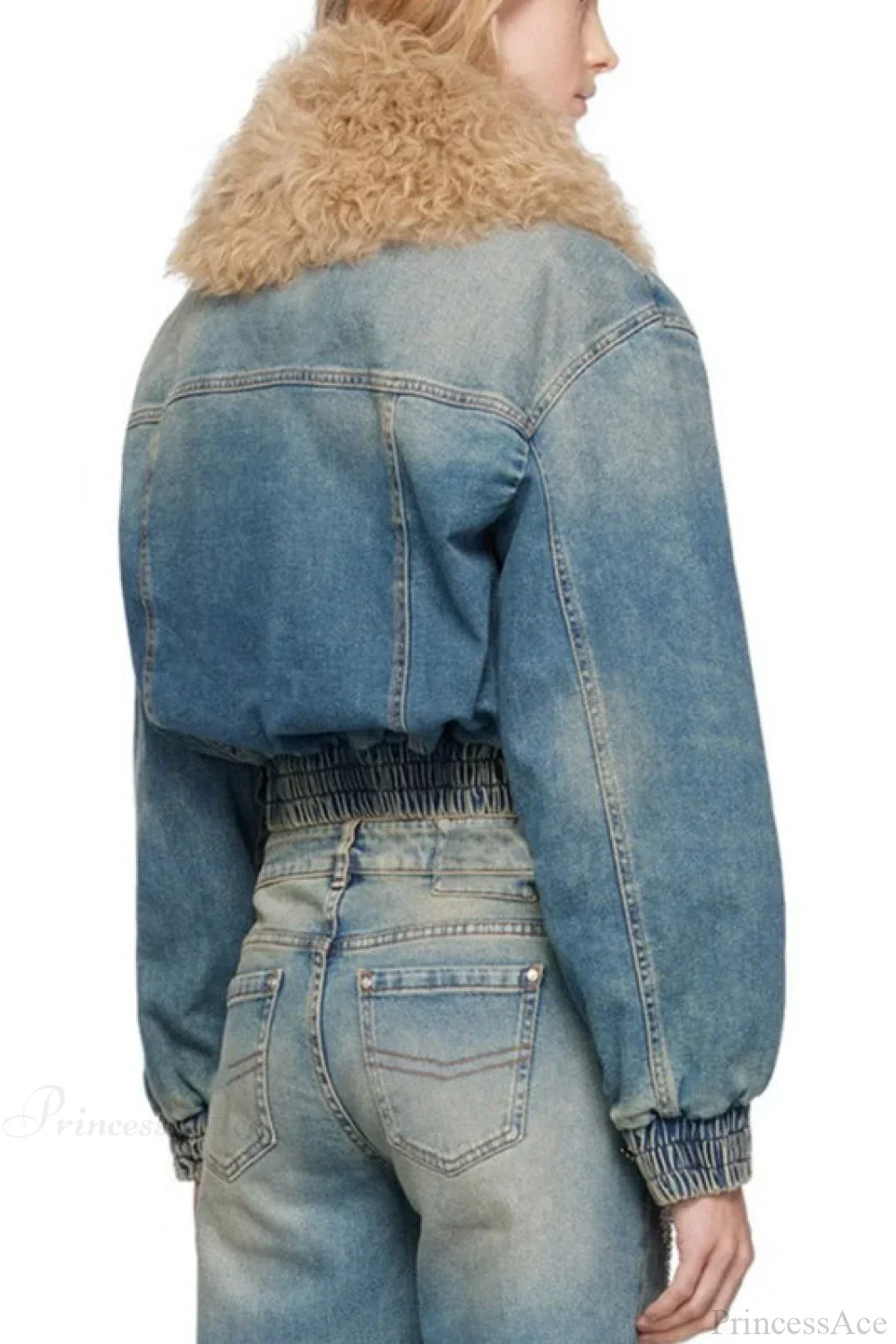 Elegant Zip Short Fur Collar Quilted Denim Jacket - Image 2