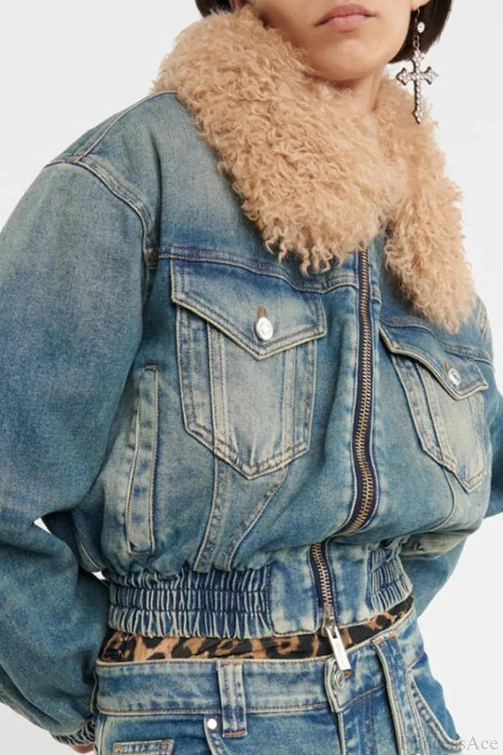 Elegant Zip Short Fur Collar Quilted Denim Jacket - Image 3