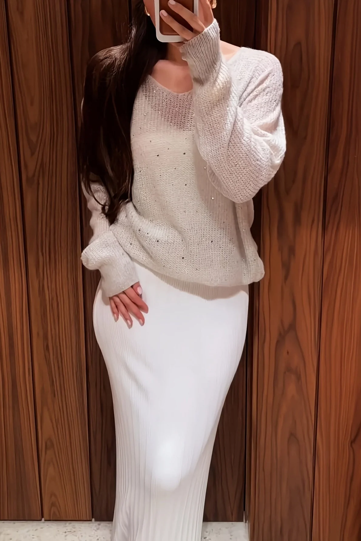 Rhinestone White V Neck Long Sleeve Knit Blouse - Image 3