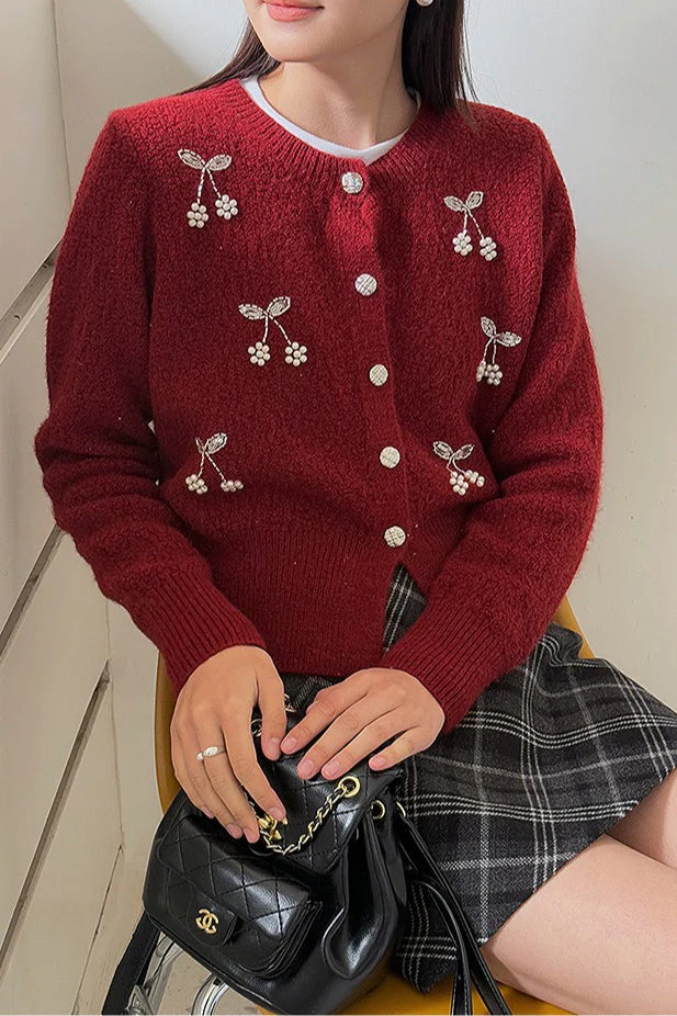 Embroidered 3D Cherry Knit Cardigan - Image 3