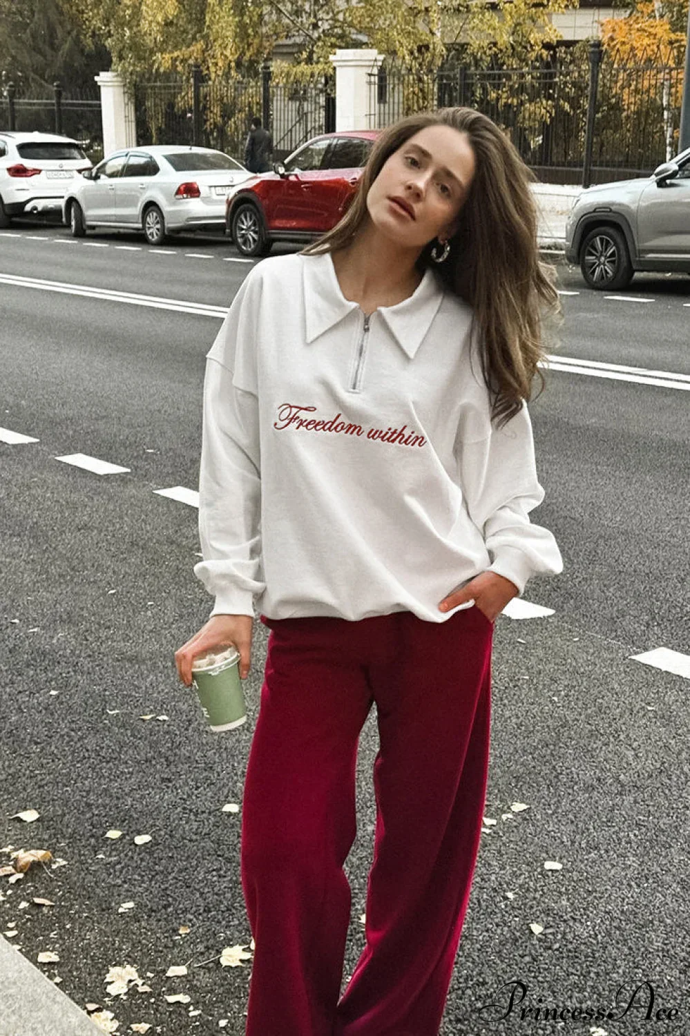 Embroidered Collared Casual Loose Sweatshirt - Image 2