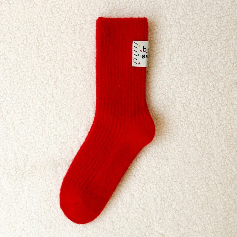 Embroidered Red Mid Calf Coral Fleece Cozy Socks - Image 11
