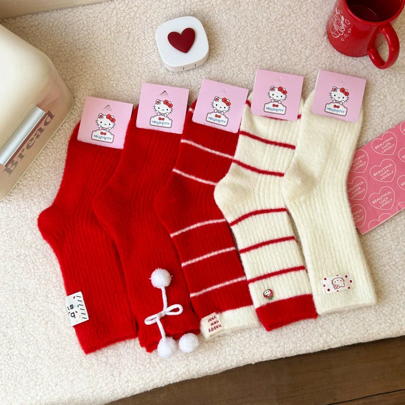 Embroidered Red Mid Calf Coral Fleece Cozy Socks - Image 2