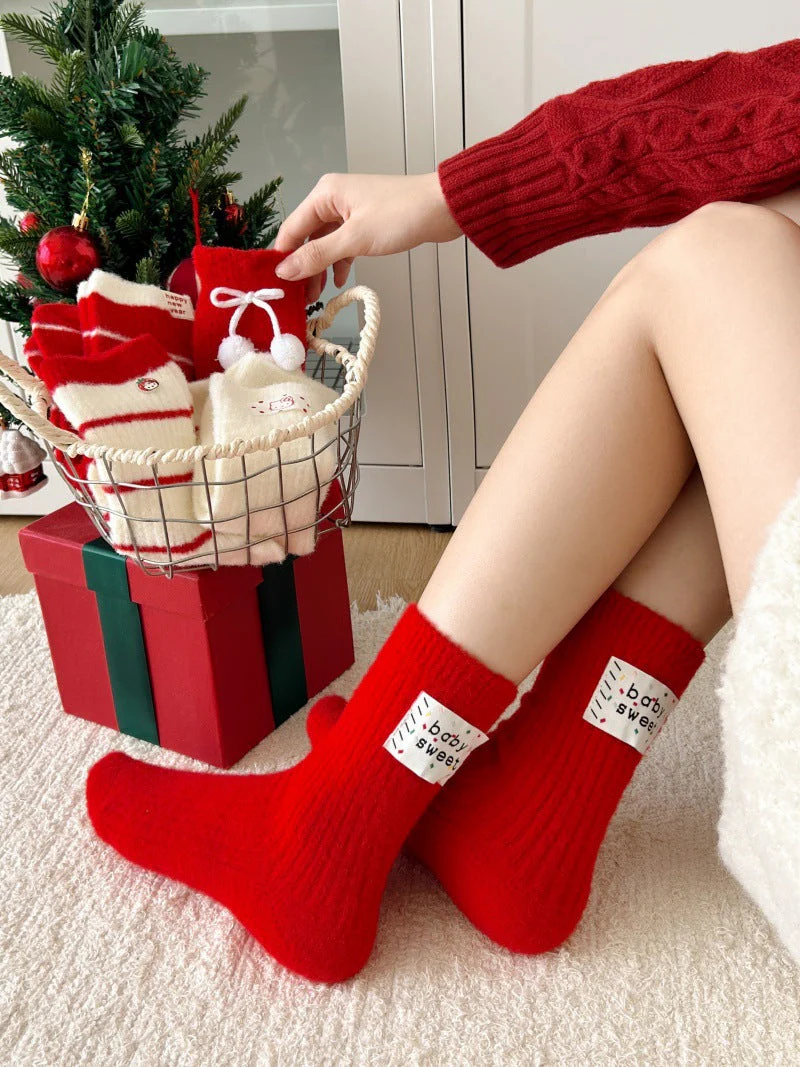 Embroidered Red Mid Calf Coral Fleece Cozy Socks - Image 6