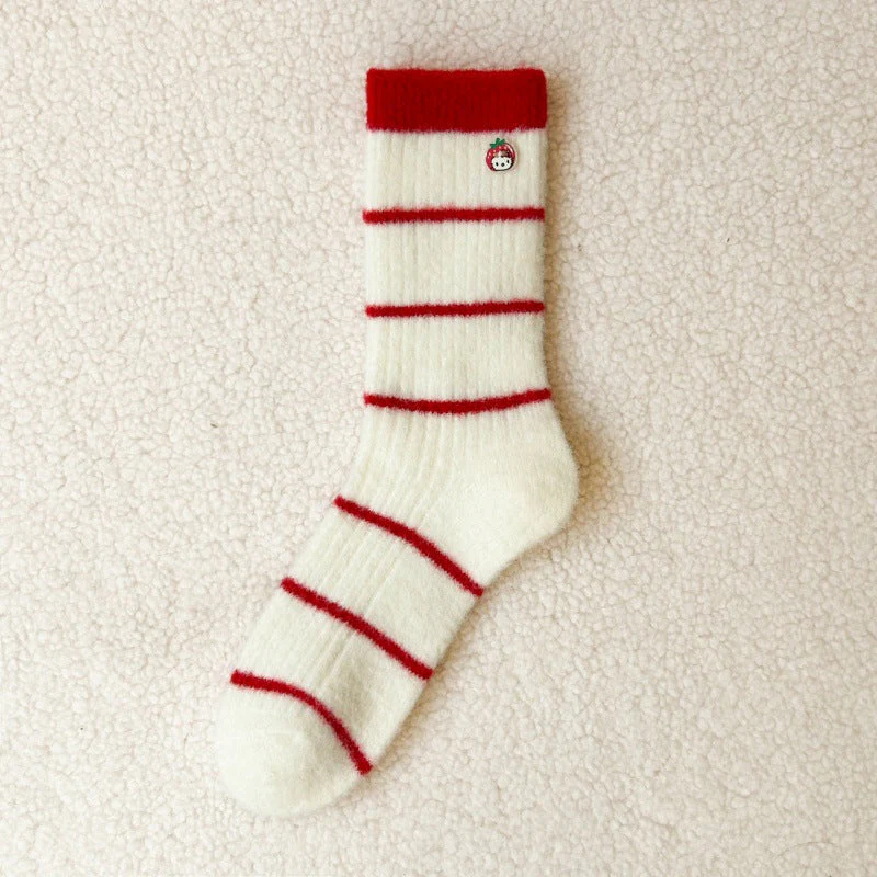Embroidered Red Mid Calf Coral Fleece Cozy Socks - Image 8