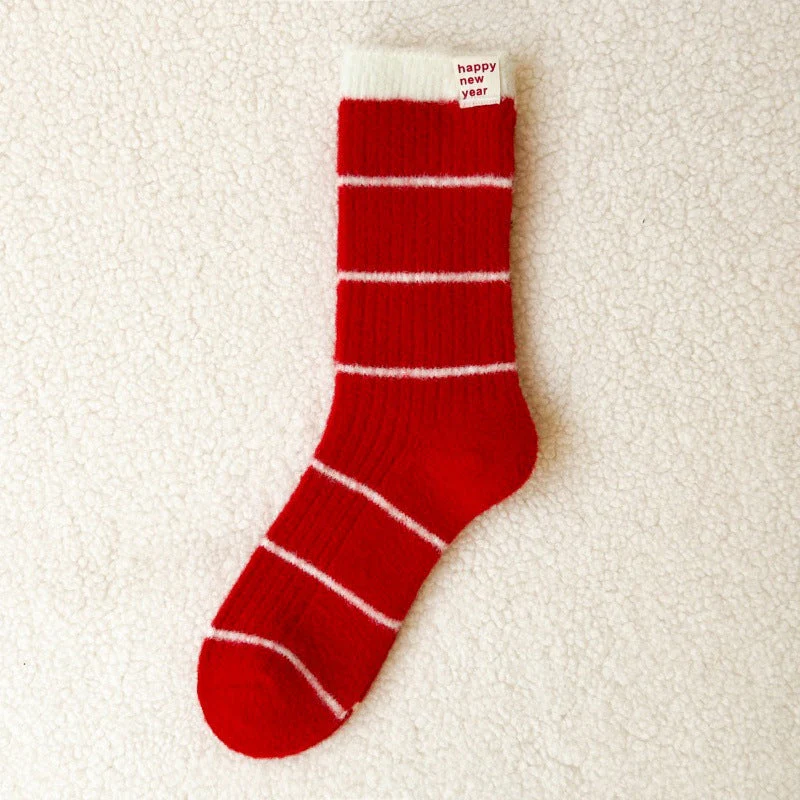 Embroidered Red Mid Calf Coral Fleece Cozy Socks - Image 9
