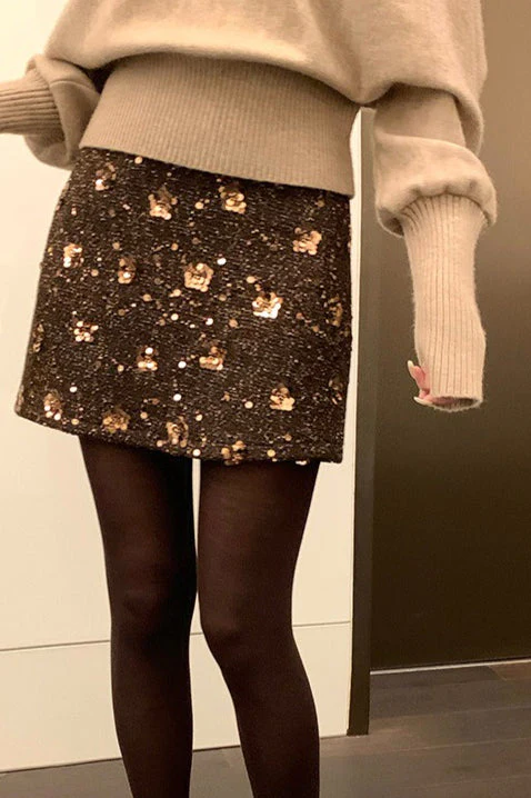 Embroidered Sequin High Waist A-Line Skirt - Image 3