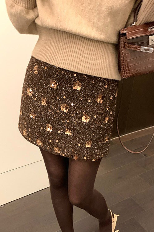 Embroidered Sequin High Waist A-Line Skirt - Image 4