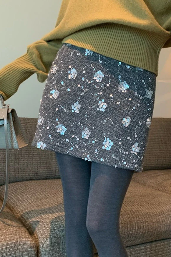 Embroidered Sequin High Waist A-Line Skirt - Image 5