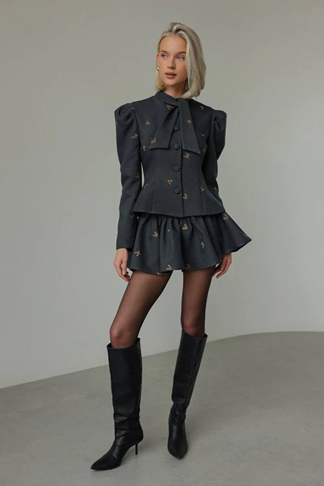 Embroidered Waist-Cinched Blazer & Mini Skirt Two Piece Set - Image 3