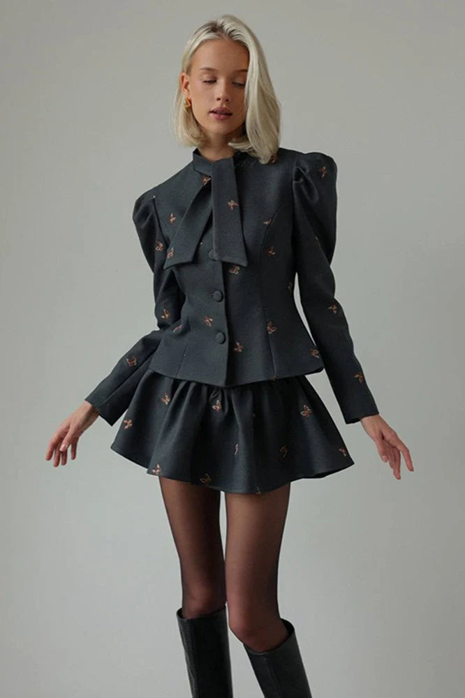 Embroidered Waist-Cinched Blazer & Mini Skirt Two Piece Set - Image 5