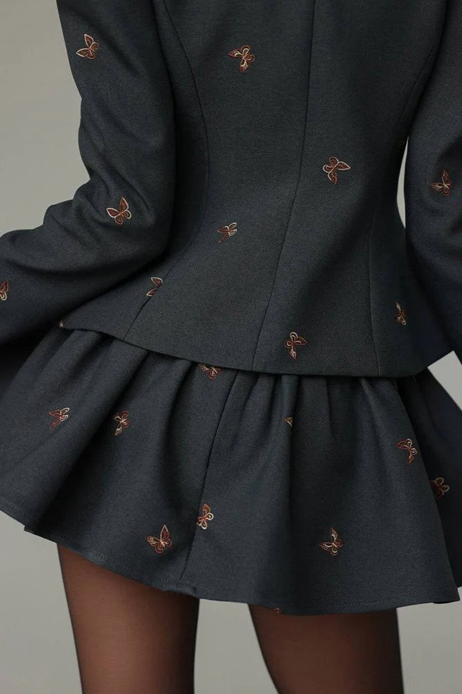 Embroidered Waist-Cinched Blazer & Mini Skirt Two Piece Set - Image 6
