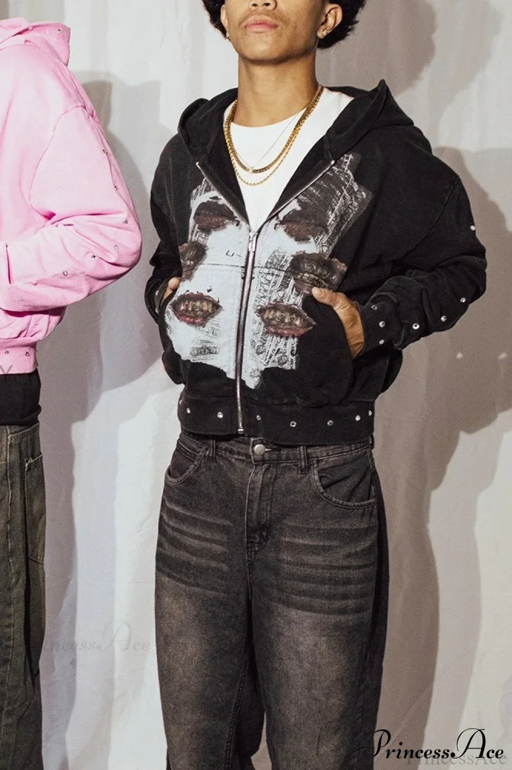 Embroidery Rhinestone Print Zip Hoodie - Image 5