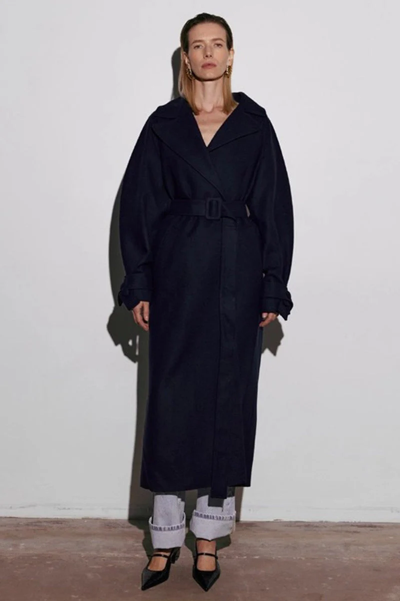 Extra-Long Wool Tie-Waist Loose Overcoat - Image 11