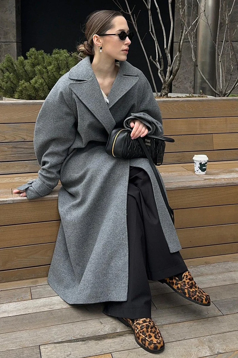 Extra-Long Wool Tie-Waist Loose Overcoat - Image 4