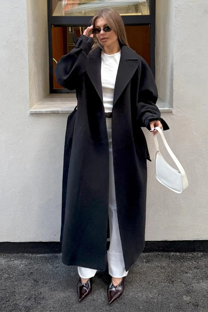 Extra-Long Wool Tie-Waist Loose Overcoat - Image 7