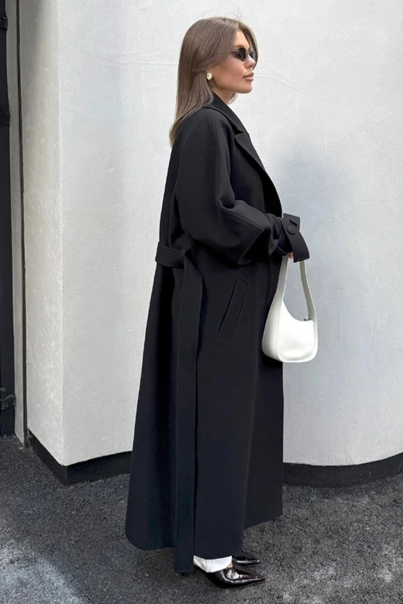Extra-Long Wool Tie-Waist Loose Overcoat - Image 8
