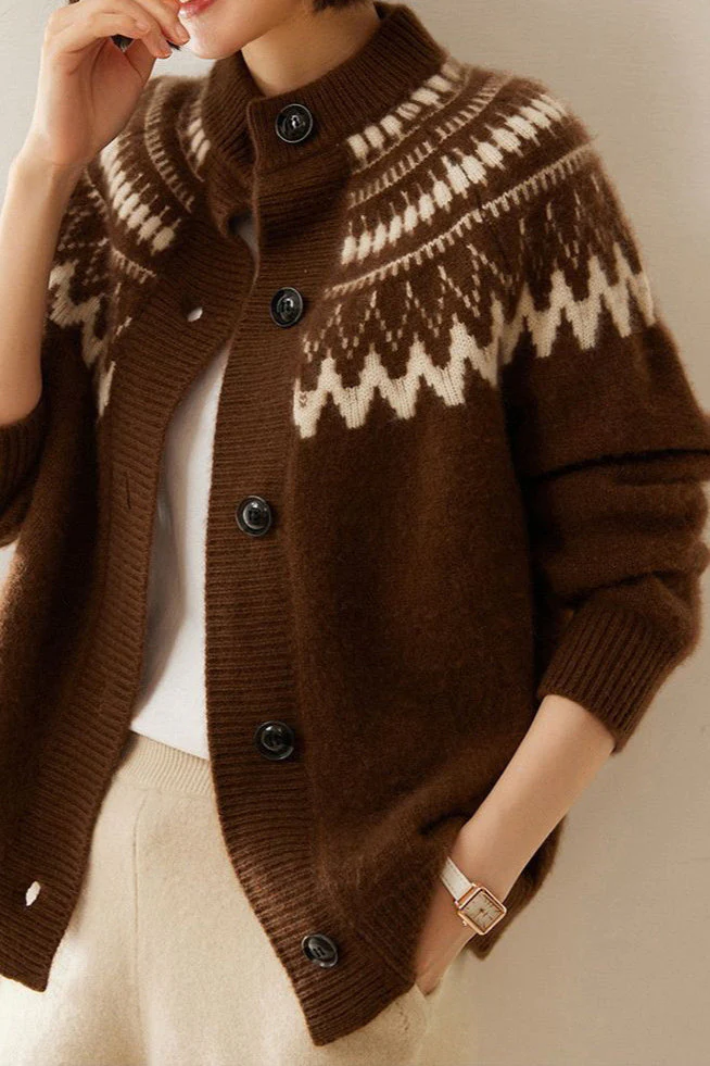 Fair Isle Color Block Geometric Crew Neck Retro Knit Cardigan - Image 2