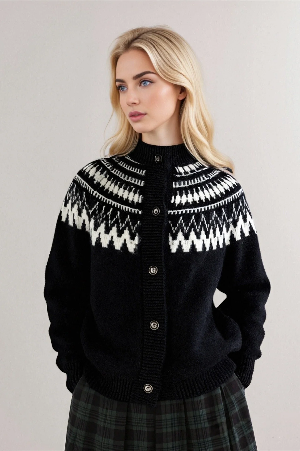 Fair Isle Color Block Geometric Crew Neck Retro Knit Cardigan - Image 3