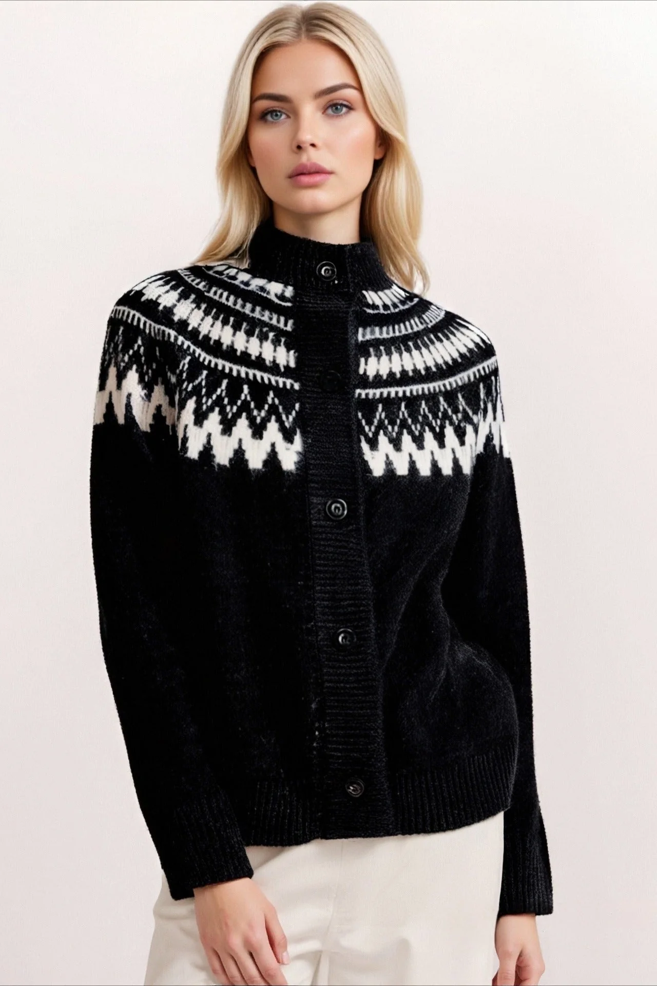 Fair Isle Color Block Geometric Crew Neck Retro Knit Cardigan - Image 4