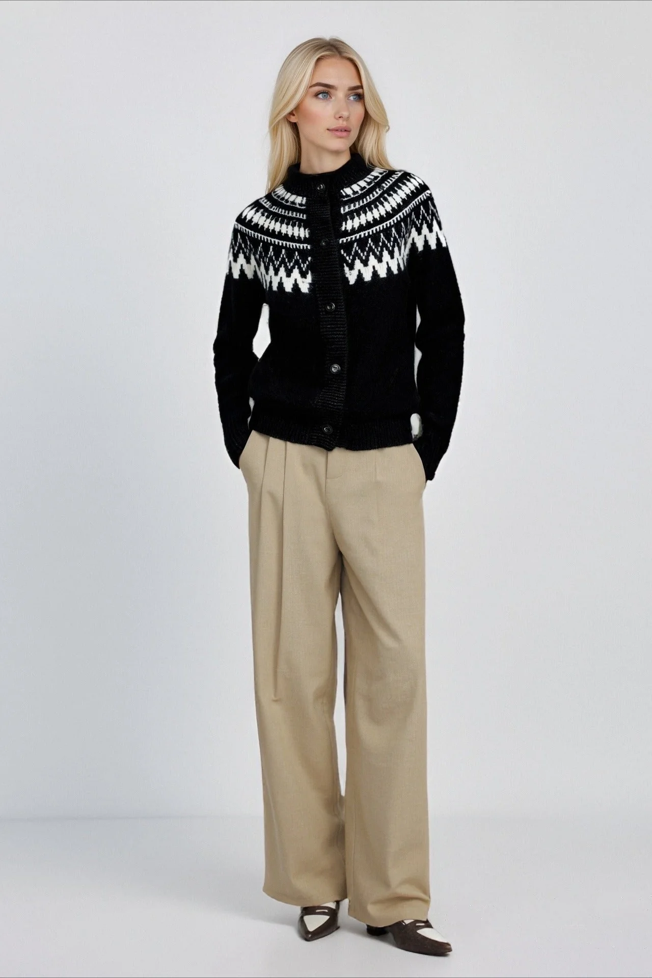 Fair Isle Color Block Geometric Crew Neck Retro Knit Cardigan - Image 5