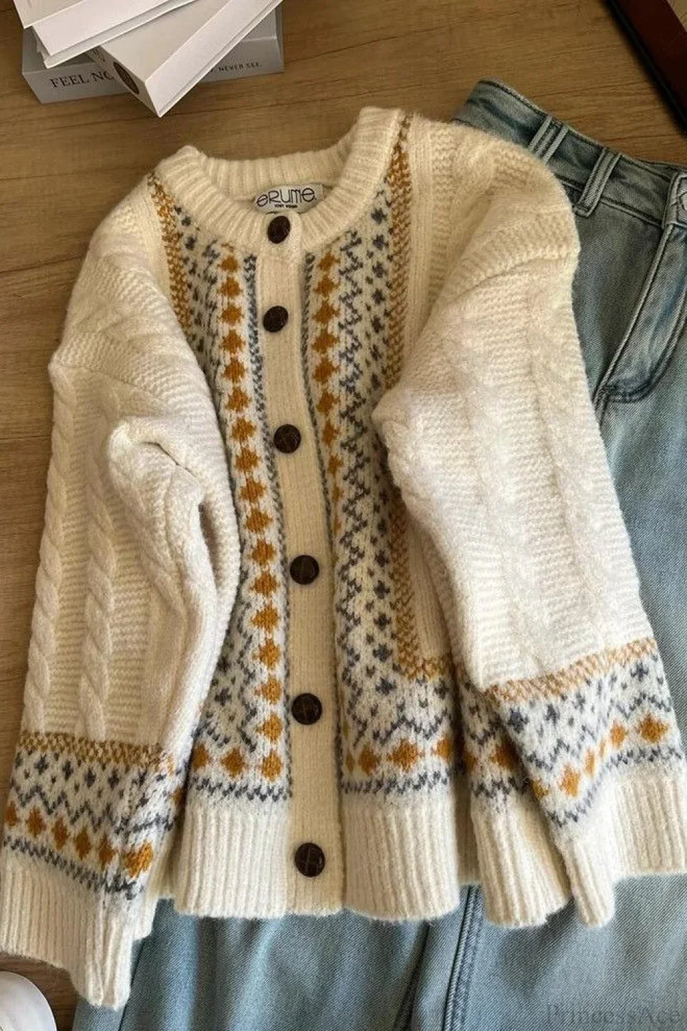 Fair Isle Fair Isle Cable Loose Thick Cardigan Sweater - Image 2