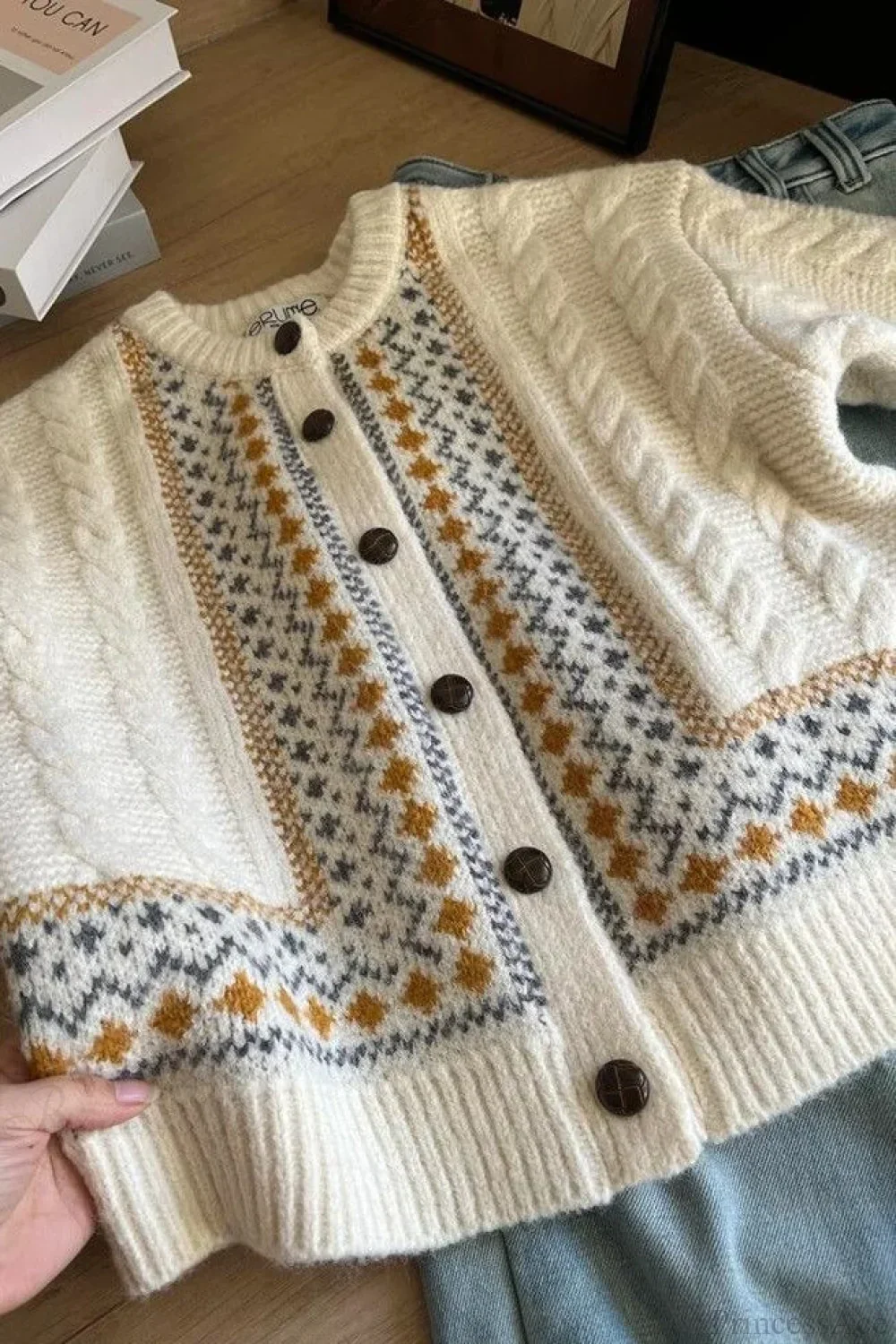 Fair Isle Fair Isle Cable Loose Thick Cardigan Sweater - Image 3