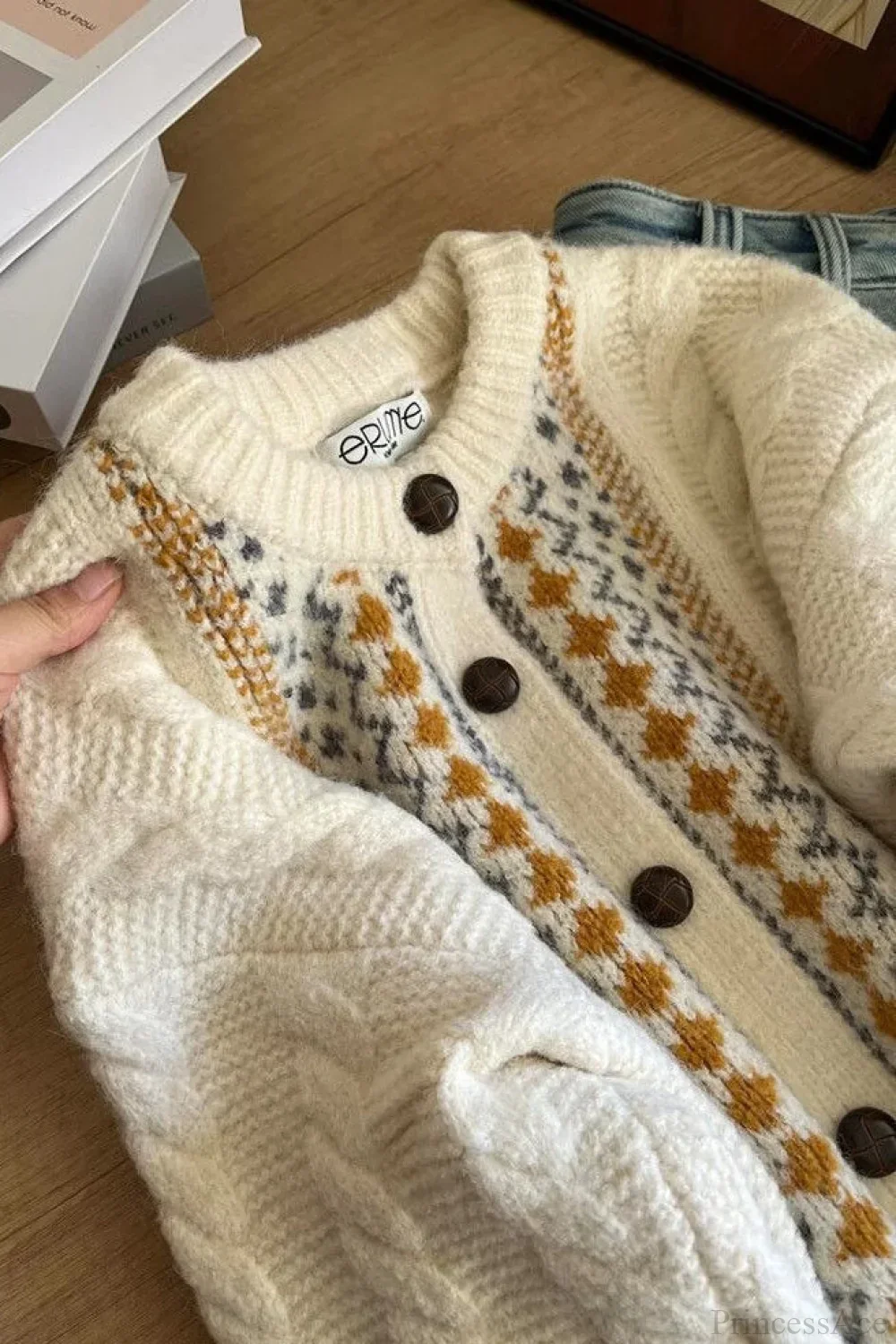 Fair Isle Fair Isle Cable Loose Thick Cardigan Sweater - Image 4
