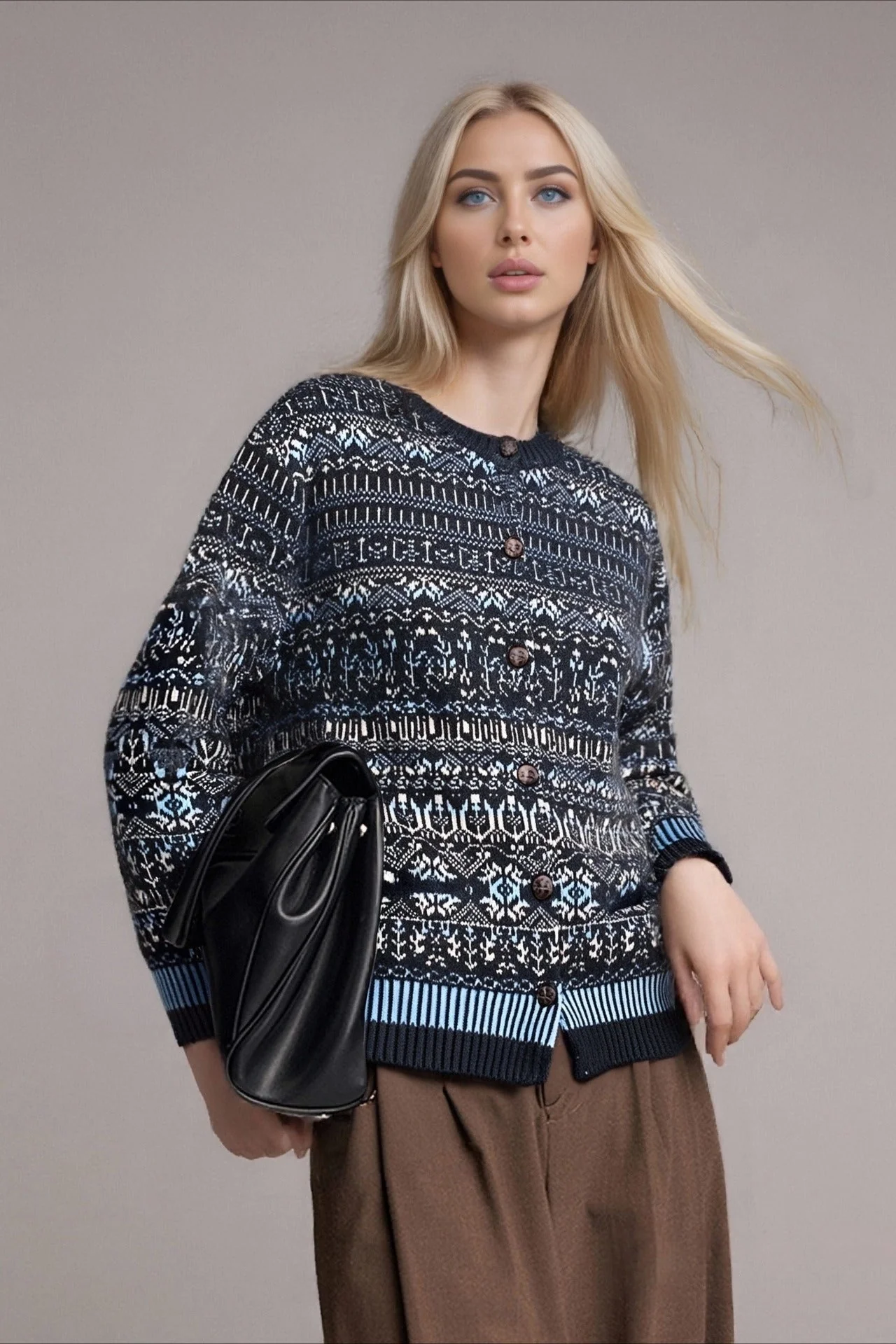 Fair Isle Jacquard Colorblock Crew Neck Knit Cardigan - Image 2