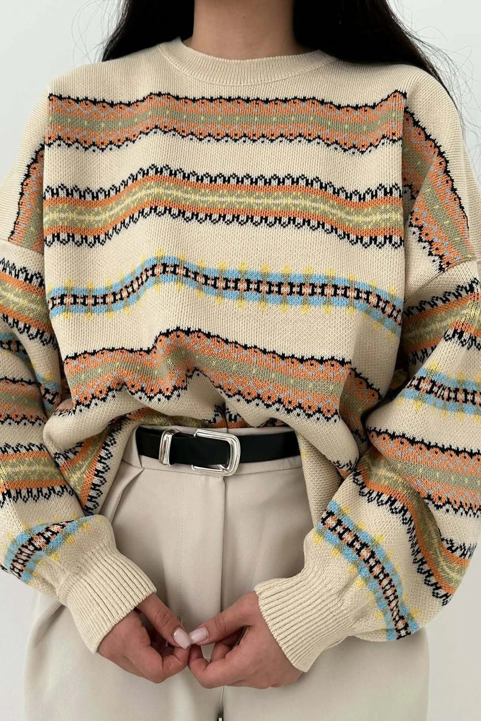 Fair Isle Jacquard Stripe Color Block Knit Sweater - Image 2