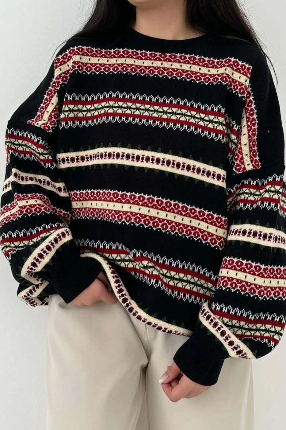 Fair Isle Jacquard Stripe Color Block Knit Sweater - Image 3