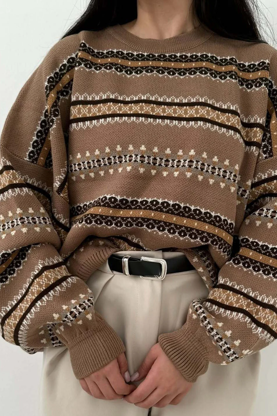 Fair Isle Jacquard Stripe Color Block Knit Sweater - Image 4