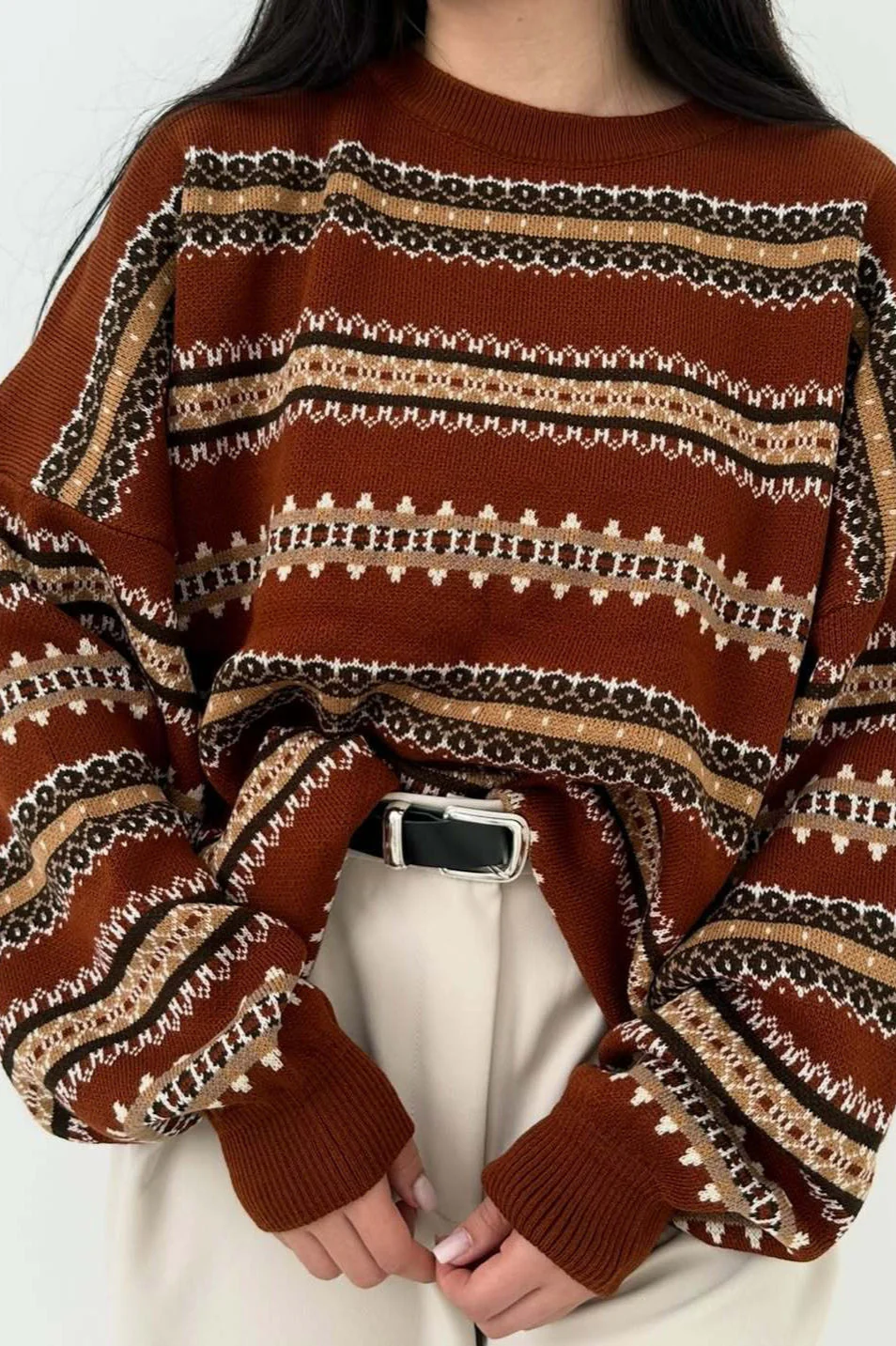 Fair Isle Jacquard Stripe Color Block Knit Sweater - Image 5