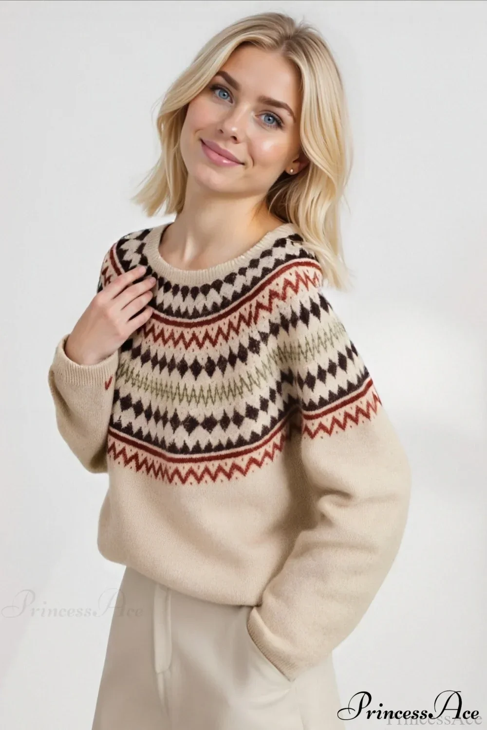 Fair Isle Loose Crewneck Plus Size Knit Sweater - Image 2